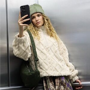 VERY J Fuzzy Fleece Half Zip Cable Pattern Sweatshirt